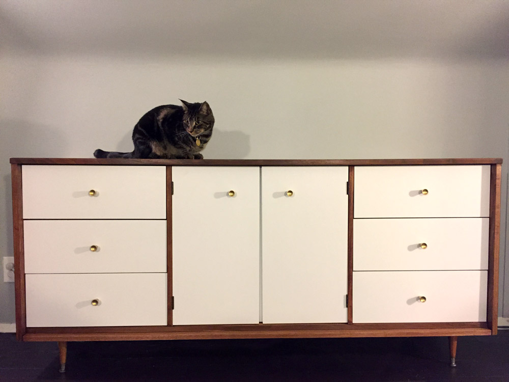 cat on DIY mid-century dresser