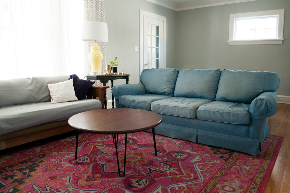 Hand me down denim couch with Rugs USA Chroma Center Medallion rug