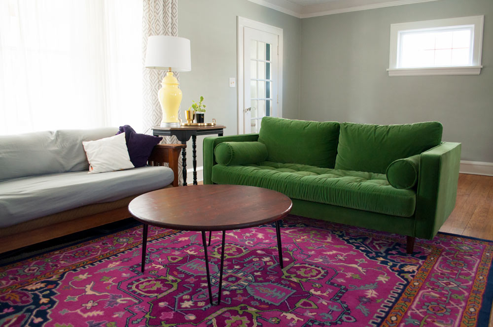 Green couch and pink rug combo: Article Sven Grass Green Velvet couch with Target Safavieh Alden rug