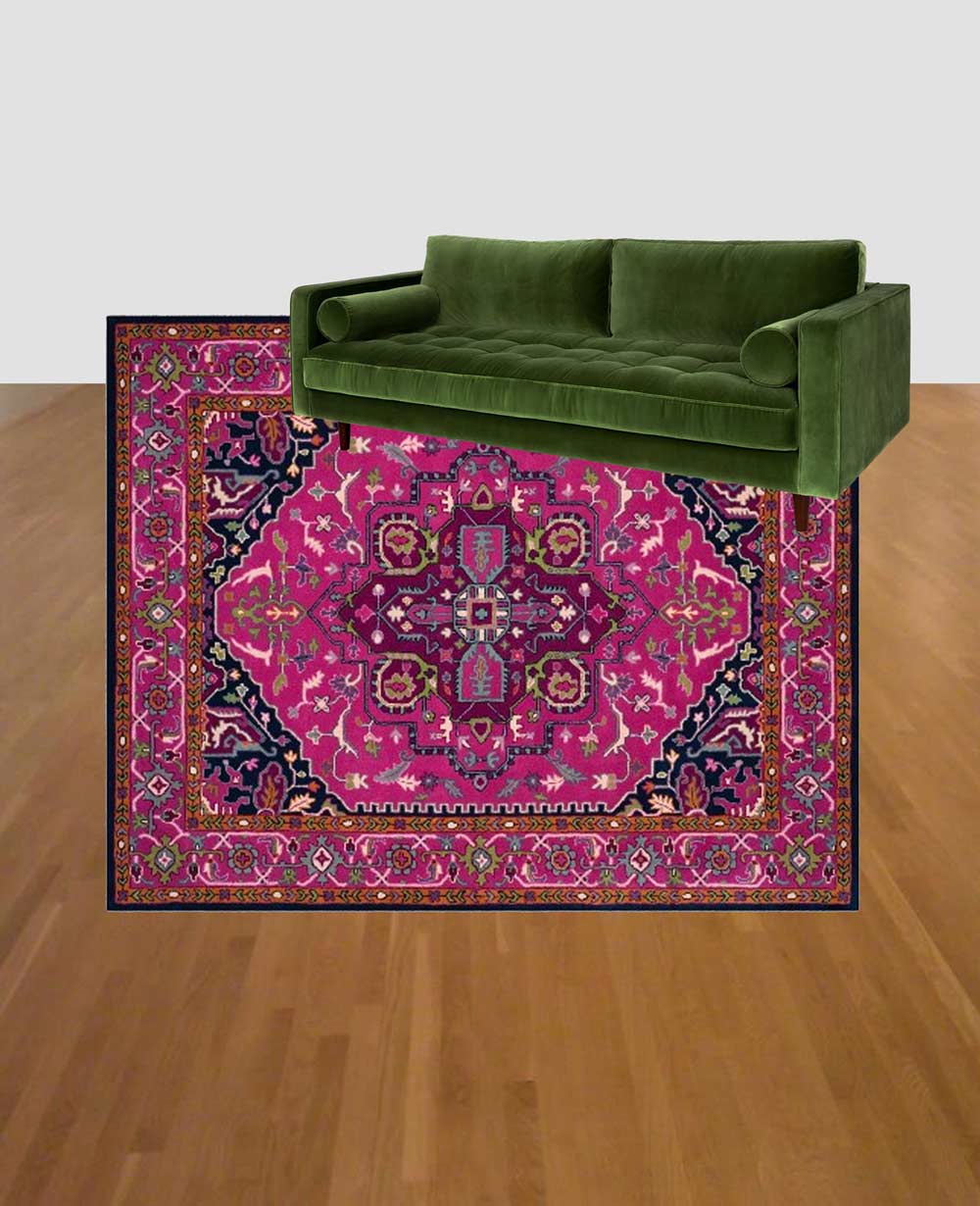 Green couch and pink rug combo: Article Sven Grass Green Velvet couch with Target Safavieh Alden rug mockup