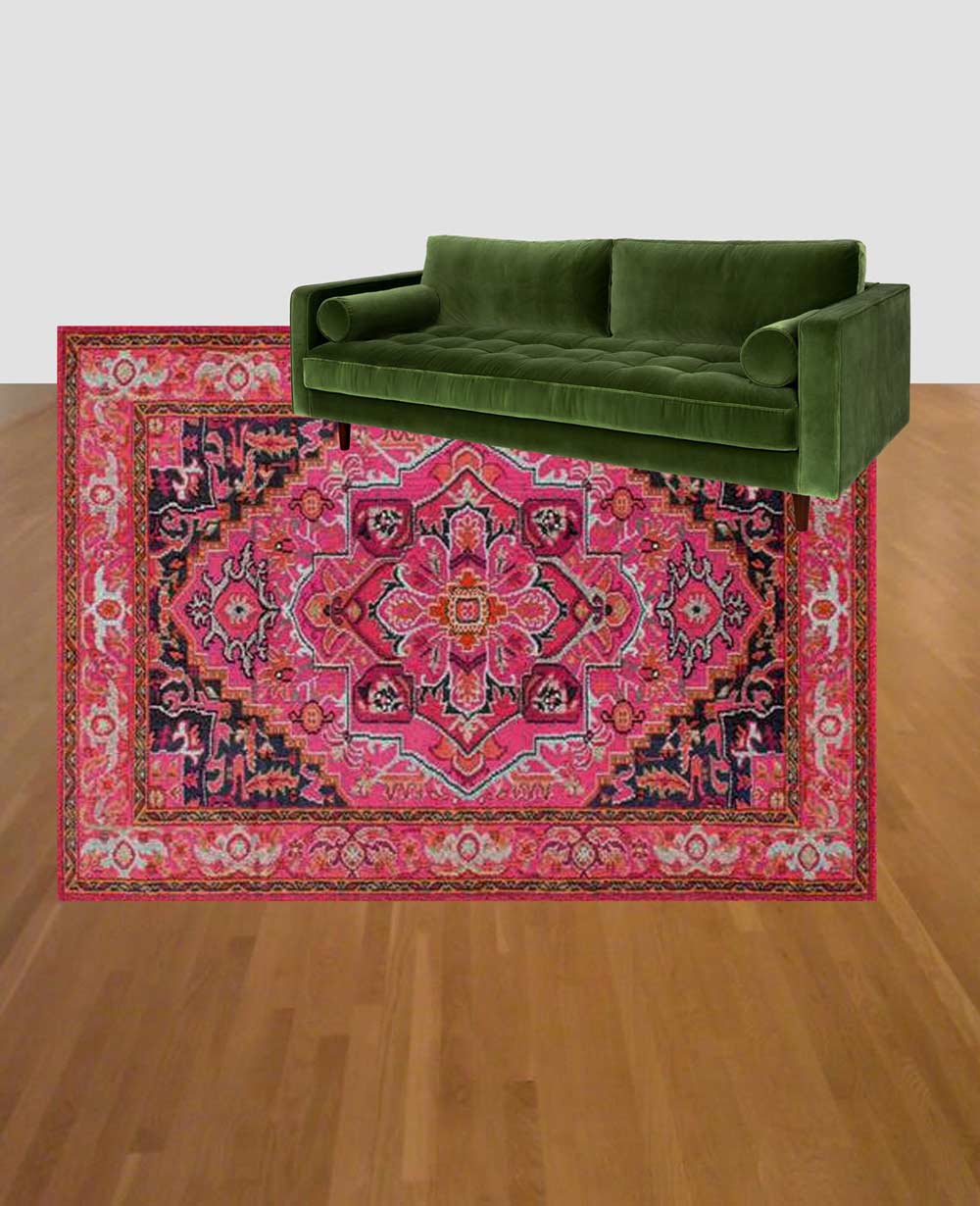 Green couch and pink rug combo: Article Sven Grass Green Velvet couch with Rugs USA Chroma Center Medallion mockup