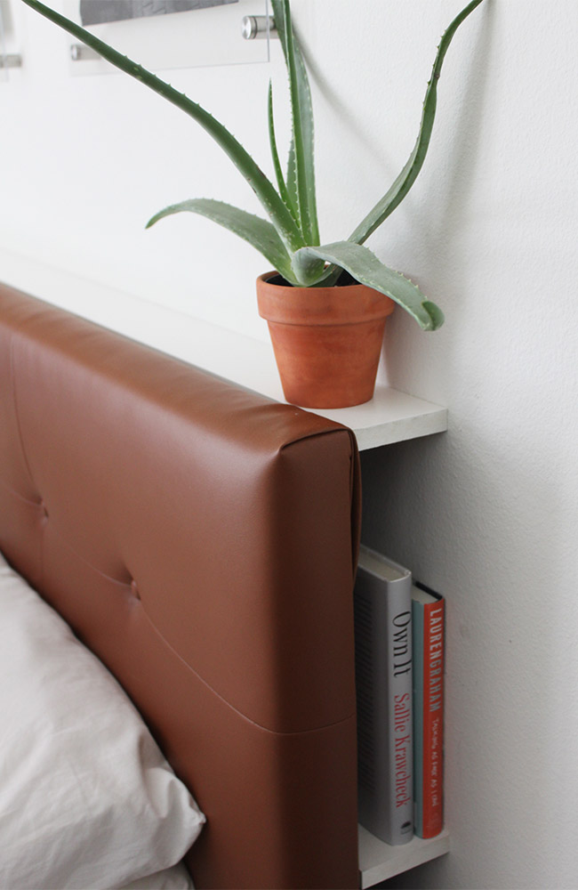 upholstered headboard DIY shelves