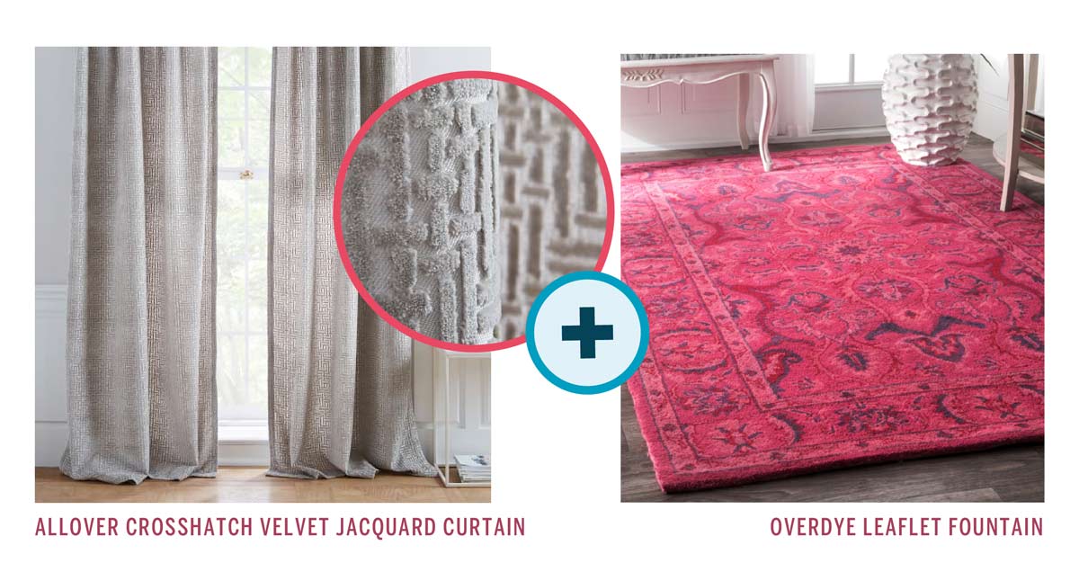 Allover Crosshatch Velvet Jacquard Curtains + Overdye Leaflet Fountain Rug